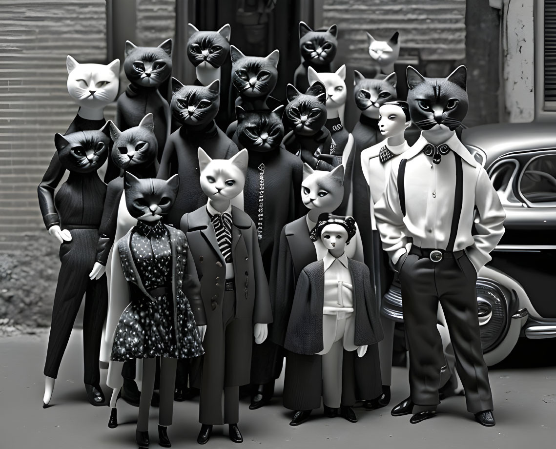 Surreal black and white image: Cat-headed figures in vintage attire by car