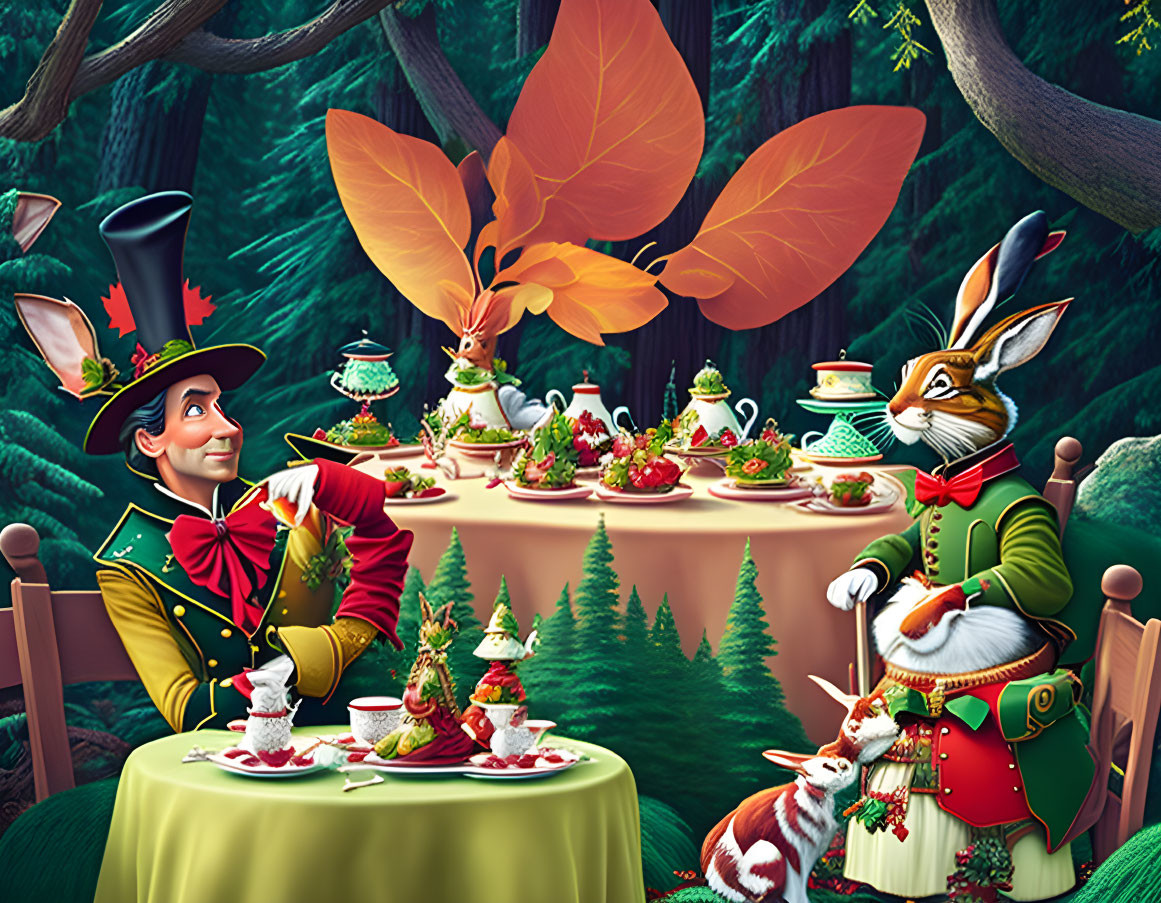 Man in top hat and rabbit in suit at forest tea party with lush greenery