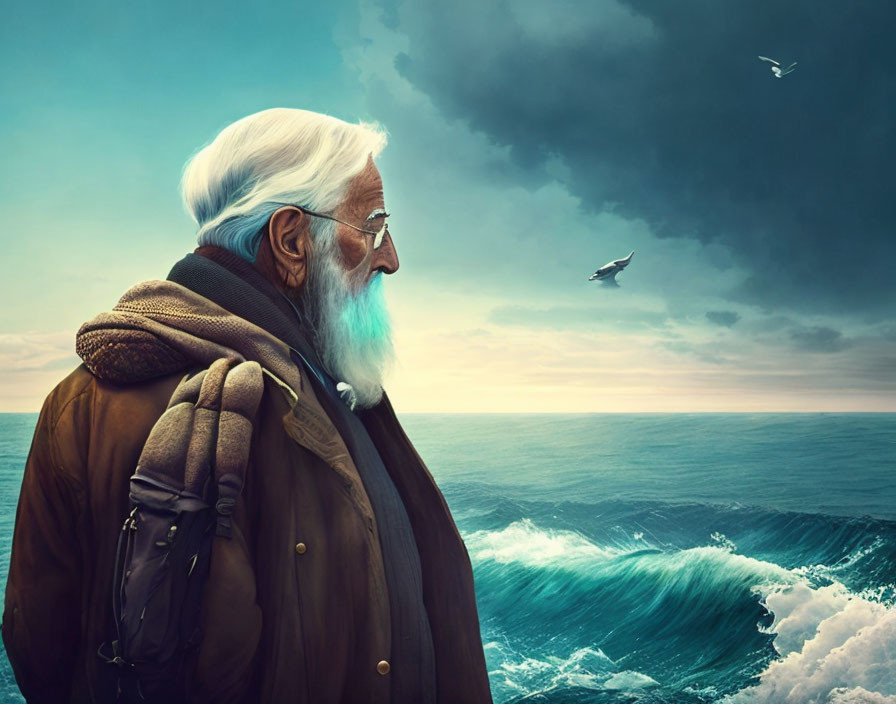Elderly man with white beard looking at stormy sea
