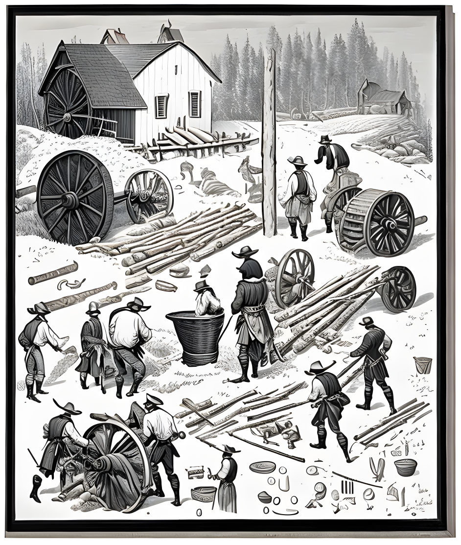 Monochromatic illustration of rural sawmill scene with logging workers and forest.