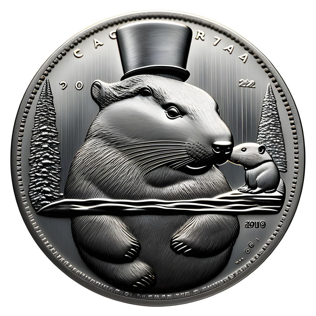 Embossed beaver-themed coin with top hat and trees.