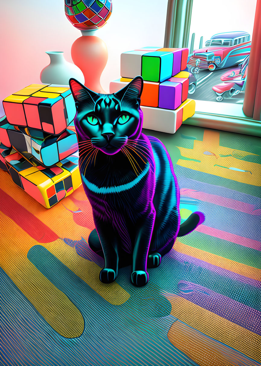 Colorful Cat Illustration in Room with Cubes and Classic Cars View
