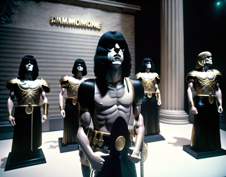 Black bob mannequins in gold armor displayed in dark exhibition space
