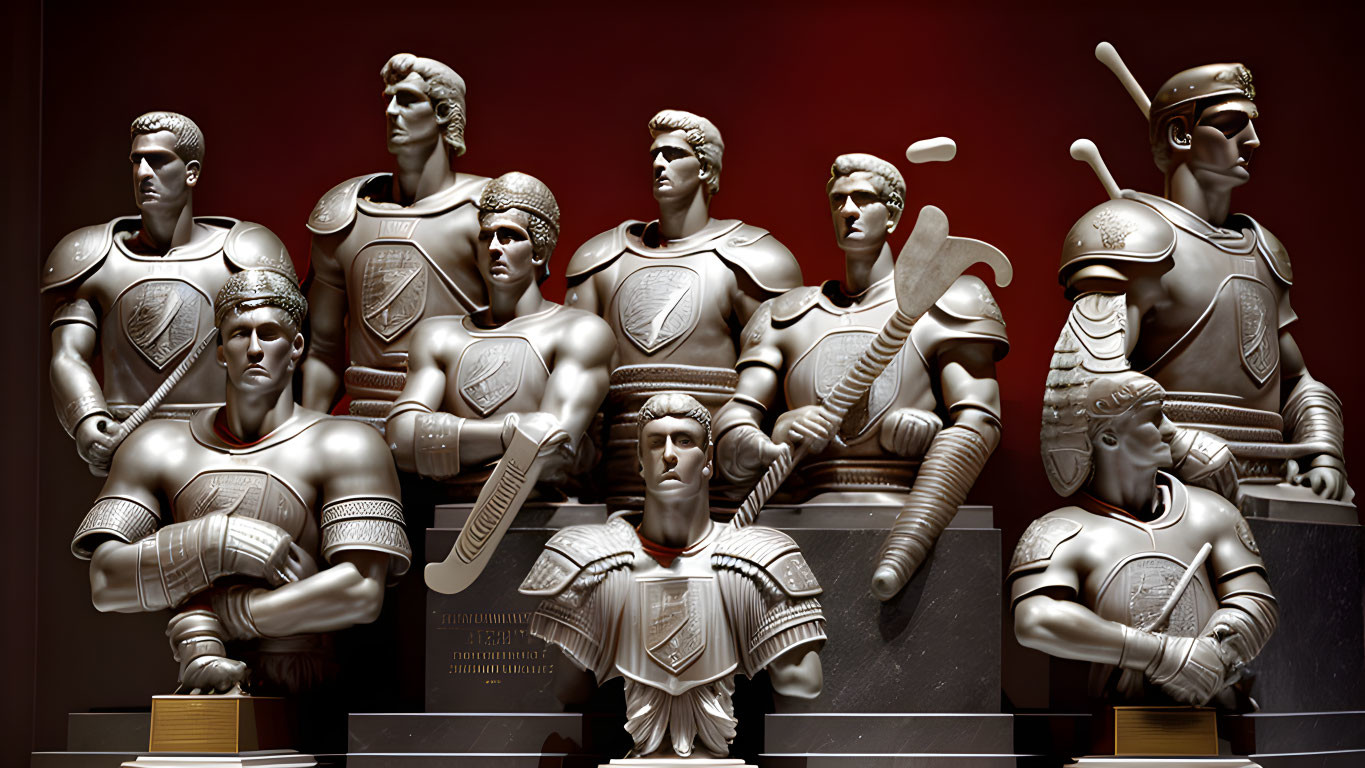 Monochrome Armored Warrior Statues on Dark Red Background