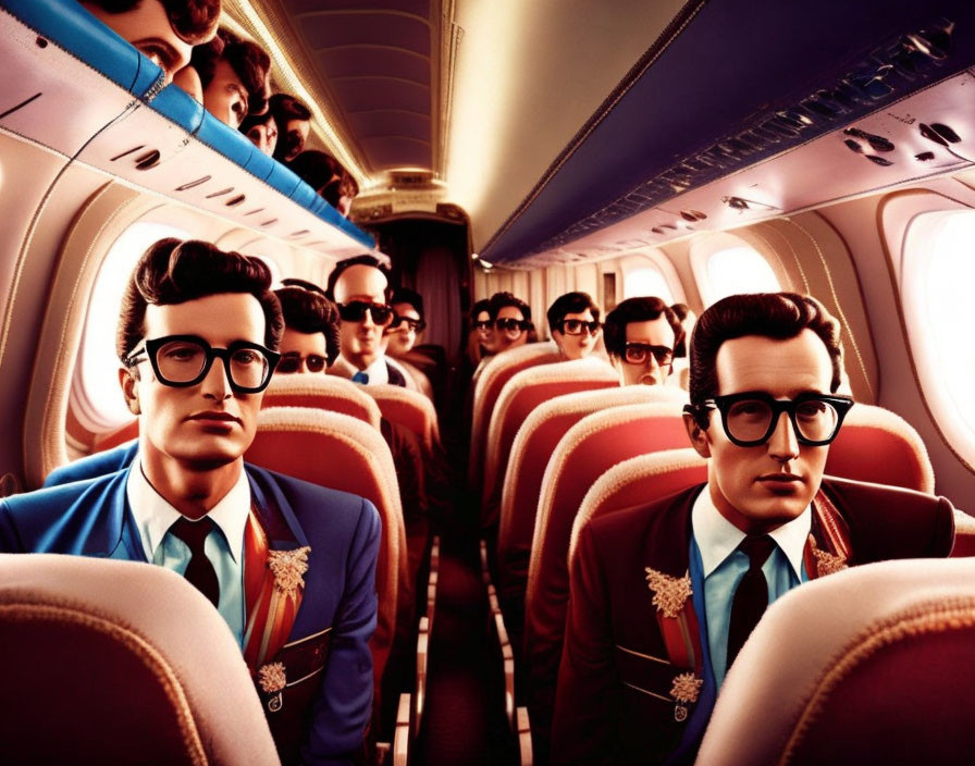 Vibrant, surreal airline cabin with male passengers in blue suits and glasses