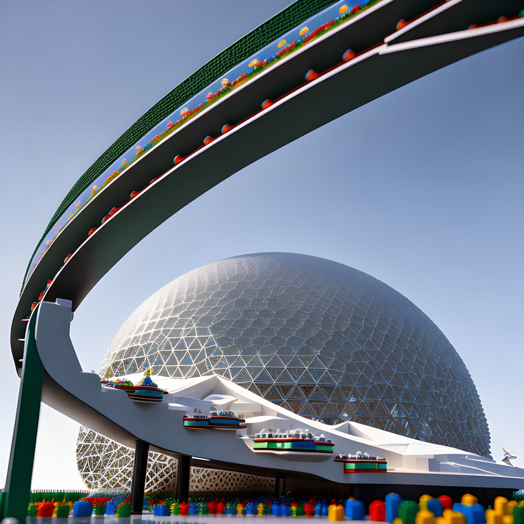 Rollercoaster track circling geodesic dome with toy figures under blue sky