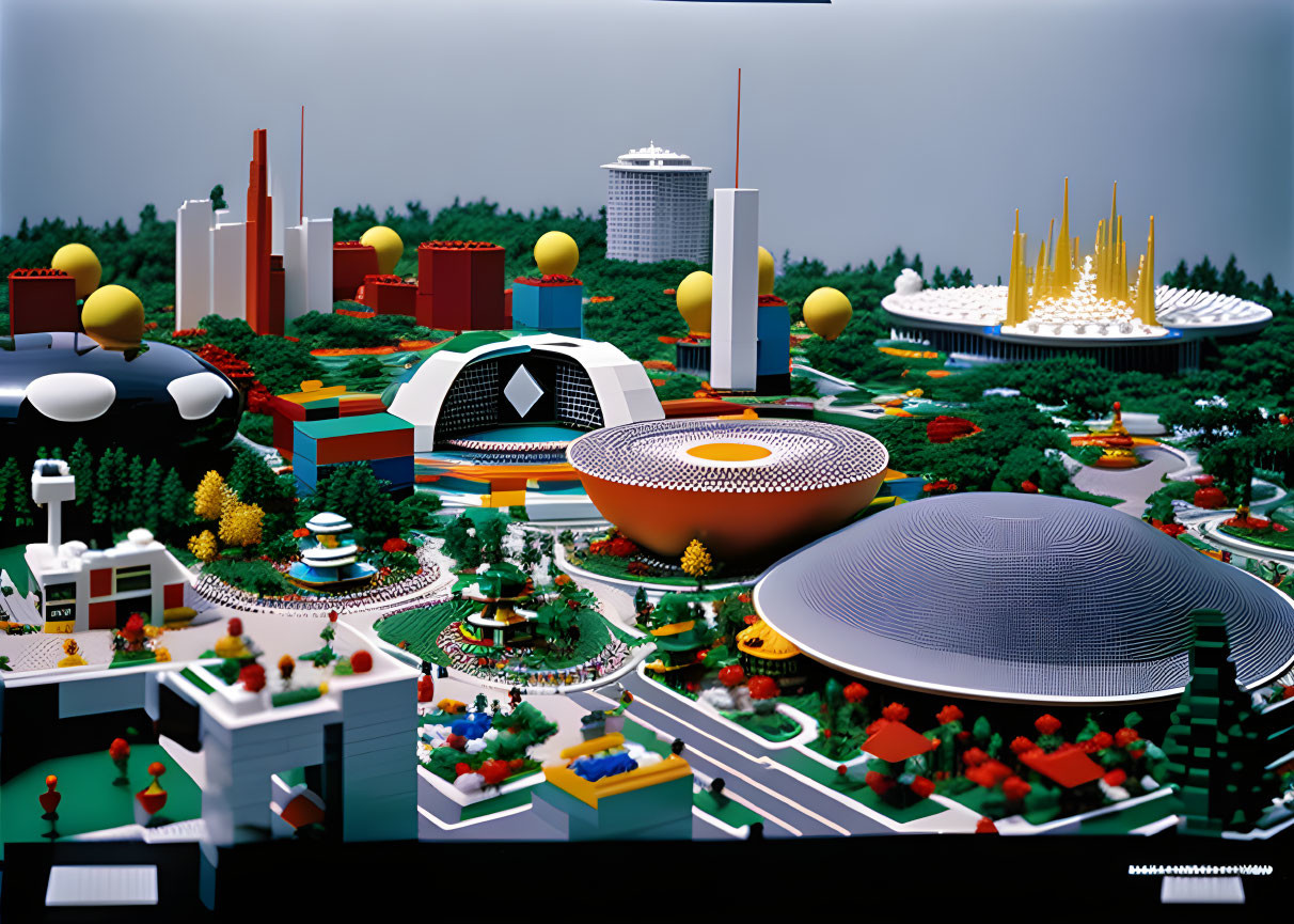 Colorful LEGO Cityscape with Buildings, Spherical Structures, and Trees