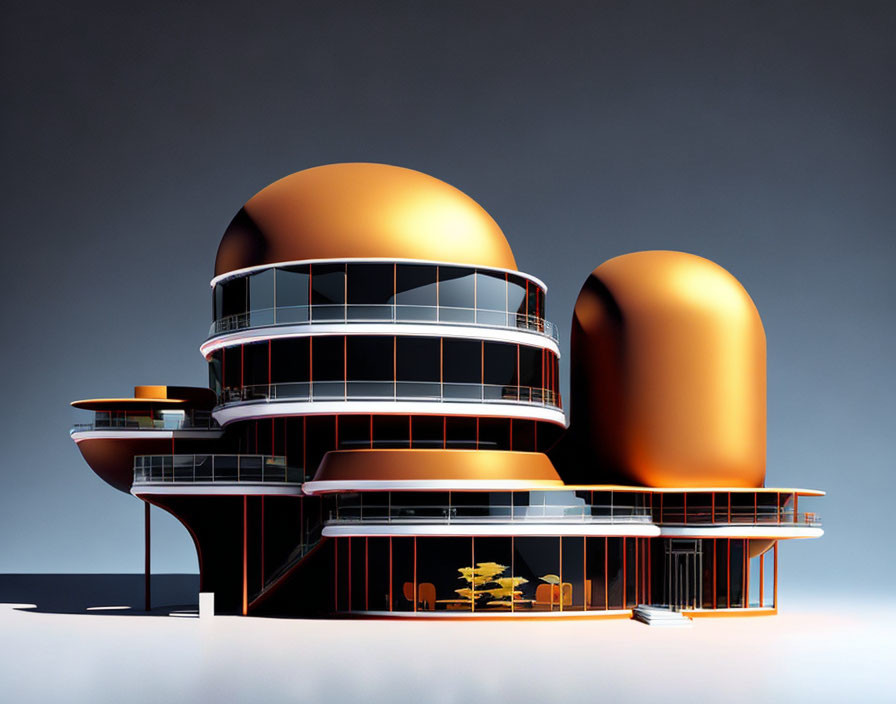 Modern building with spherical structures, black and orange exterior, large windows, minimalist landscape.