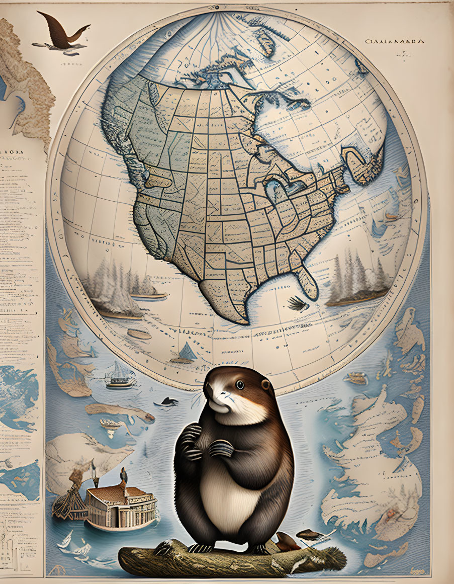 Vintage-style illustration: Anthropomorphic beaver with North America map on globe, surrounded by maritime scenes,