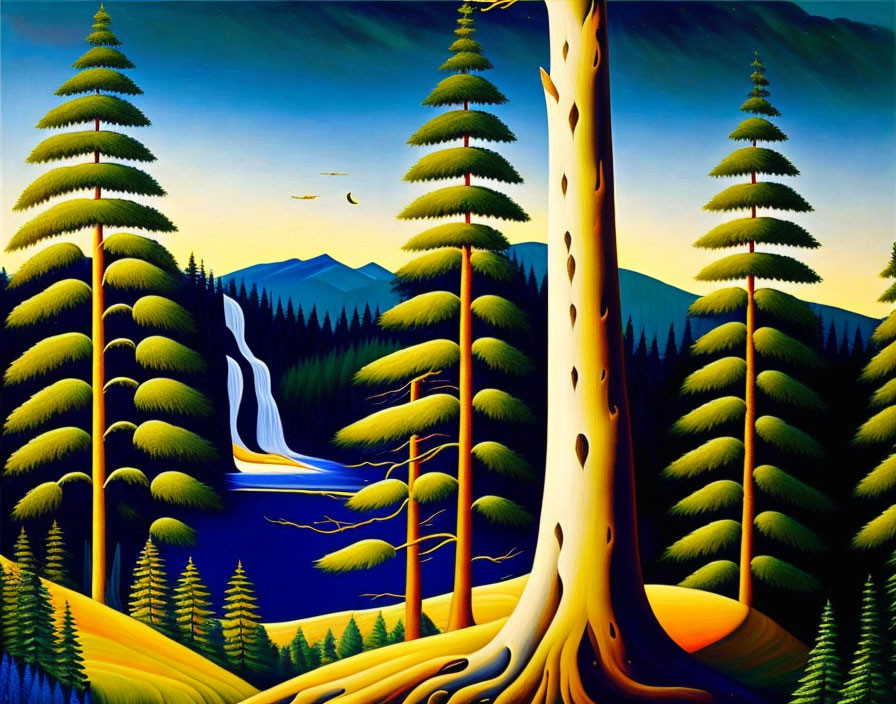 Colorful Stylized Forest Painting with Pine Trees, Waterfall, River, Mountains, and Crescent