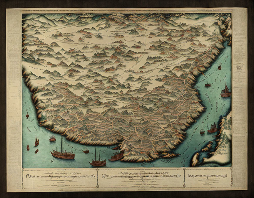 Vintage Illustrated Map with Mountains, Ships, and Decorative Script