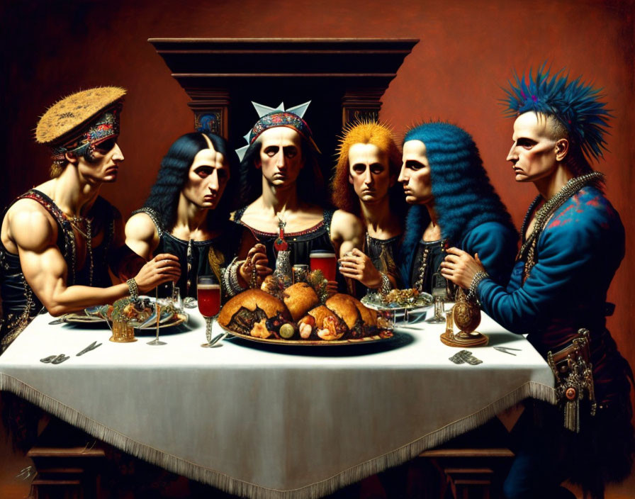 Stylized painting of people with punk hairstyles at feast