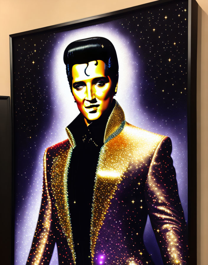 Portrait of a man resembling a famous singer against a starry background in a wall frame
