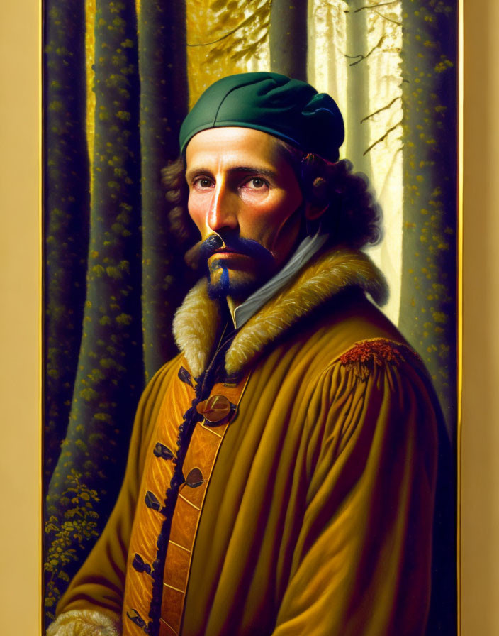 Renaissance man in fur collar and green beret against gold backdrop