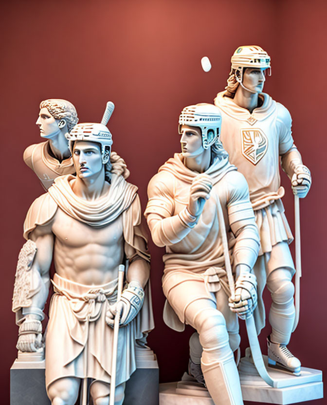 Classical Statues in Modern Ice Hockey Gear on Red Background