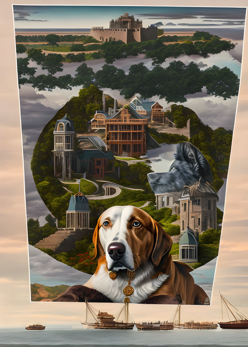 Brown and White Dog Surrounded by Stately Homes, Castles, and Sailing Ships
