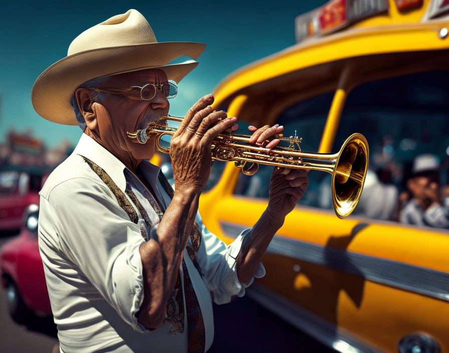 Elderly Man Playing Trumpet with Vintage Cars in Background