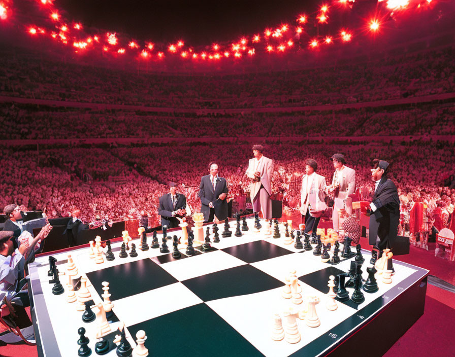 Large audience watches men on oversized chessboard with dignitaries nearby under red lighting