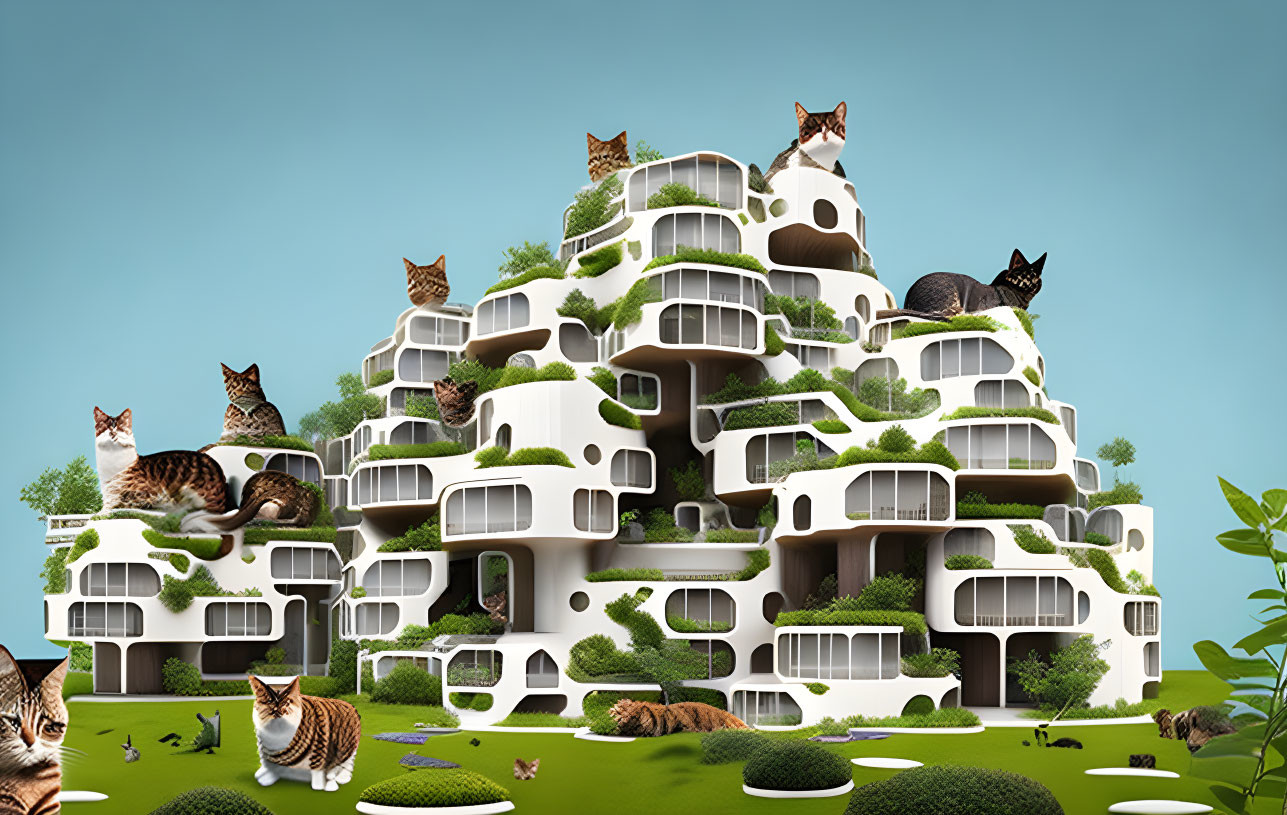 Unique Cat-Shaped Building Surrounded by Greenery and Oversized Cat Figures