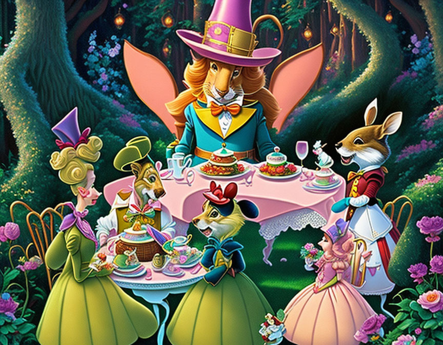 Victorian Attired Animated Animals Tea Party in Enchanted Forest
