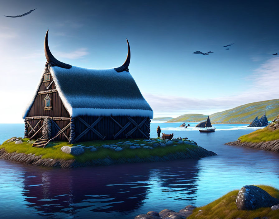 Digital Art: Viking Longhouse on Islet with Horned Gables & Sailboats