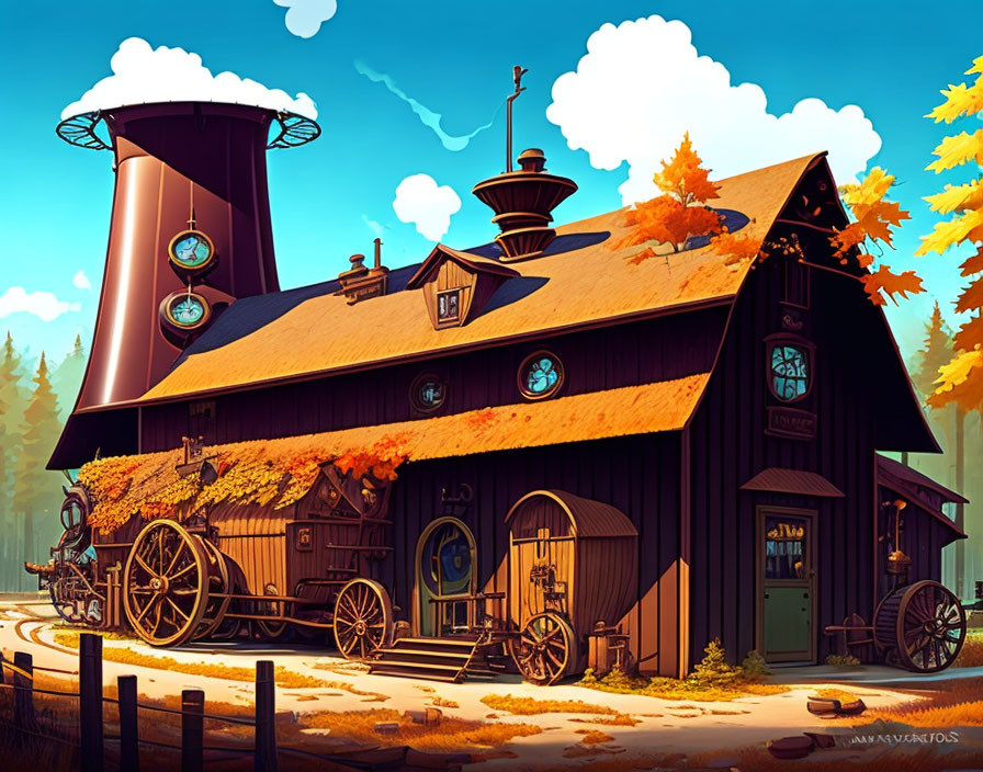 Steampunk-themed blacksmith shop with chimney, gear-shaped windows, autumn foliage, and machinery under