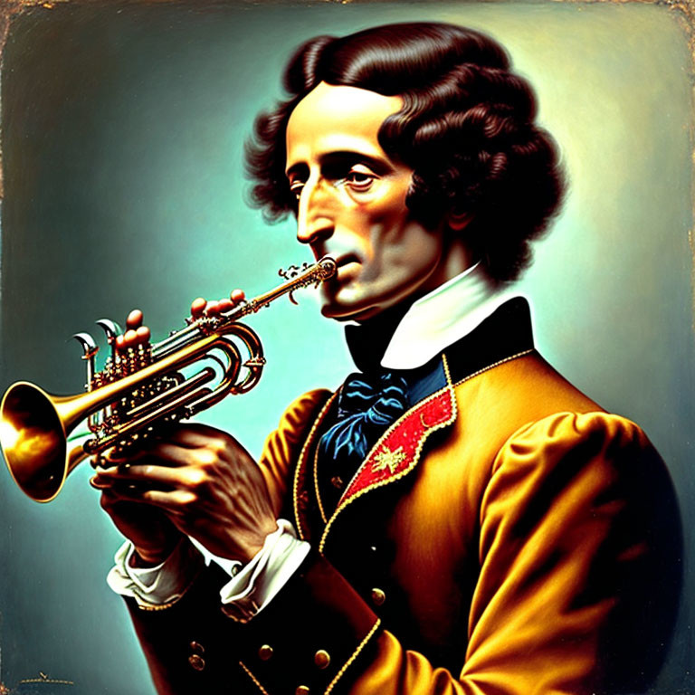 Man in historical attire playing complex brass instrument in artistic rendition