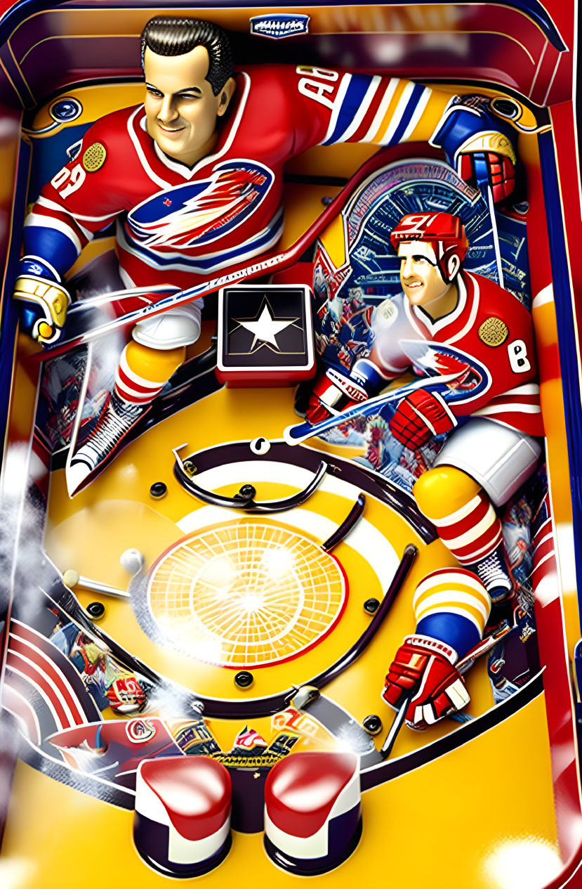 Colorful Hockey-Themed Pinball Machine with Goalie and Player Figures