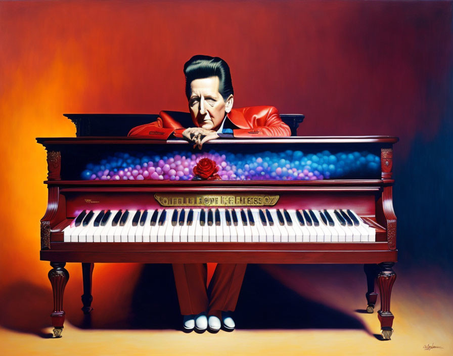 Stylized painting of man in red suit with pompadour hairstyle by grand piano
