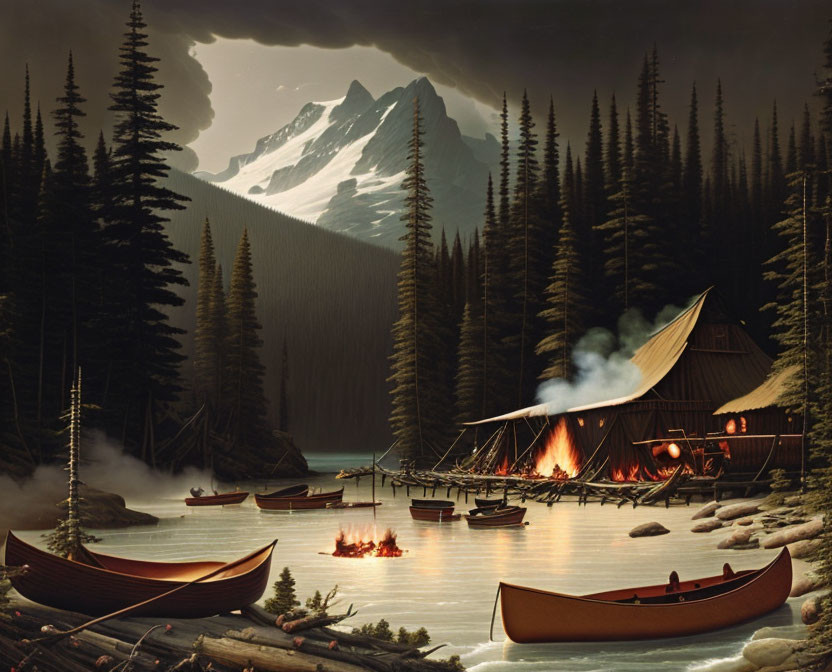 Moonlit Lakeside Cabin with Canoes, Pine Trees, and Mountains