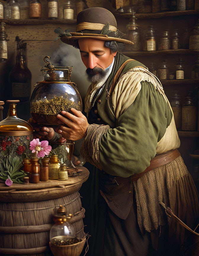 Bearded man in historical attire smelling herbs in apothecary setting