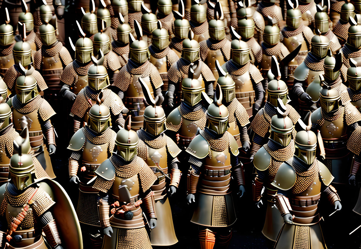 Detailed 3D-rendered medieval knights in armor with swords and shields