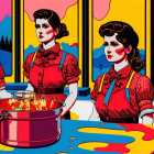 Colorful Pop Art Style Image: Two Identical Women in Retro Dresses Cooking in Vibrant Kitchen