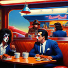 Vibrant illustration of rock band members at diner with hot dogs, coffee, and pie