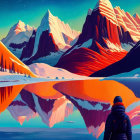 Colorful Mountain Landscape with Reflective Lake and Geometric Sky