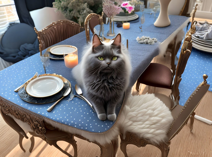 Fluffy gray cat on ornate dining table with plates and candles