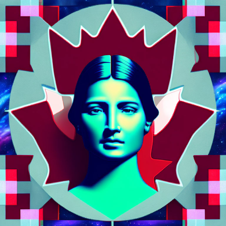 Stylized portrait of a woman in maple leaf motif with blue and purple checkerboard design