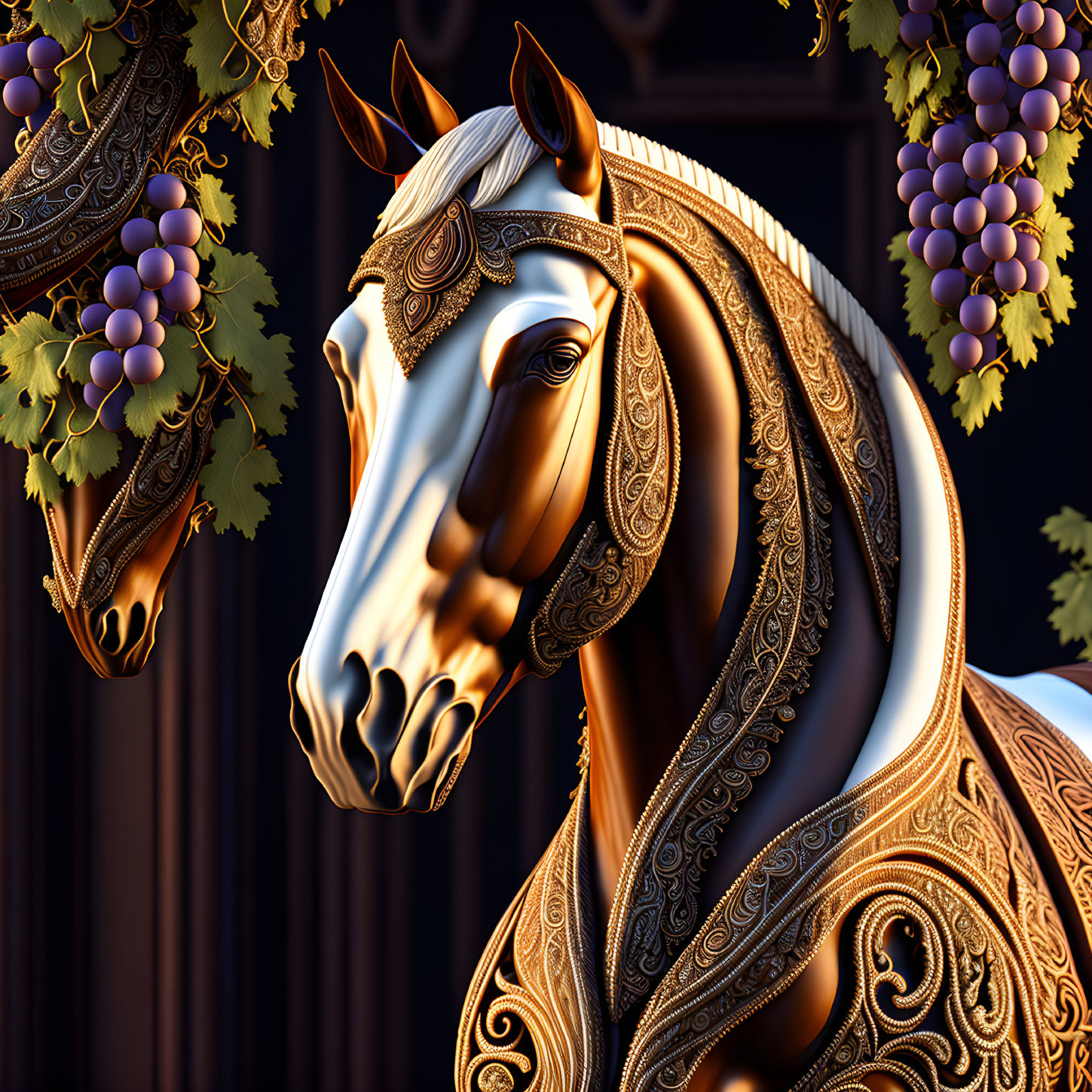 Golden Horse Sculpture with Intricate Details on Dark Background