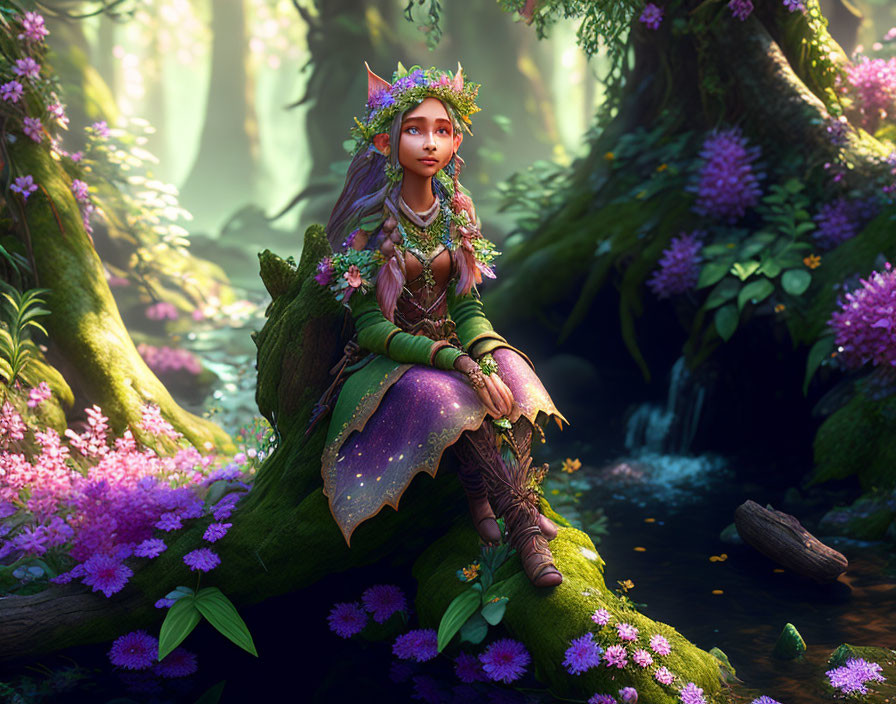 Enchanting forest scene with female fairy among purple flowers