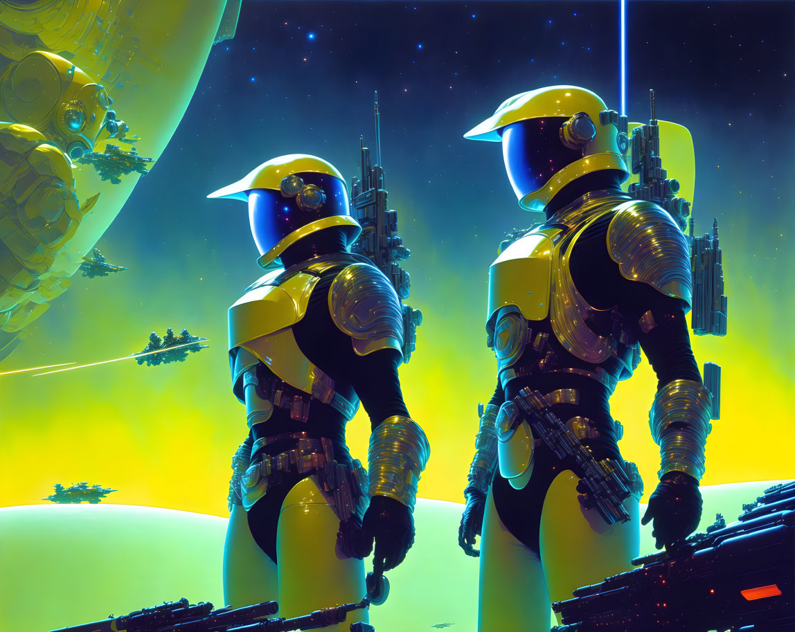 Futuristic astronauts with rifles on alien planet under star-filled sky