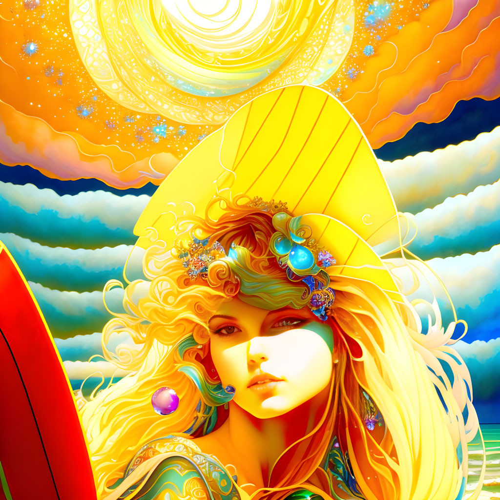 Colorful surreal image: Woman with golden hair and jewels under vivid sky