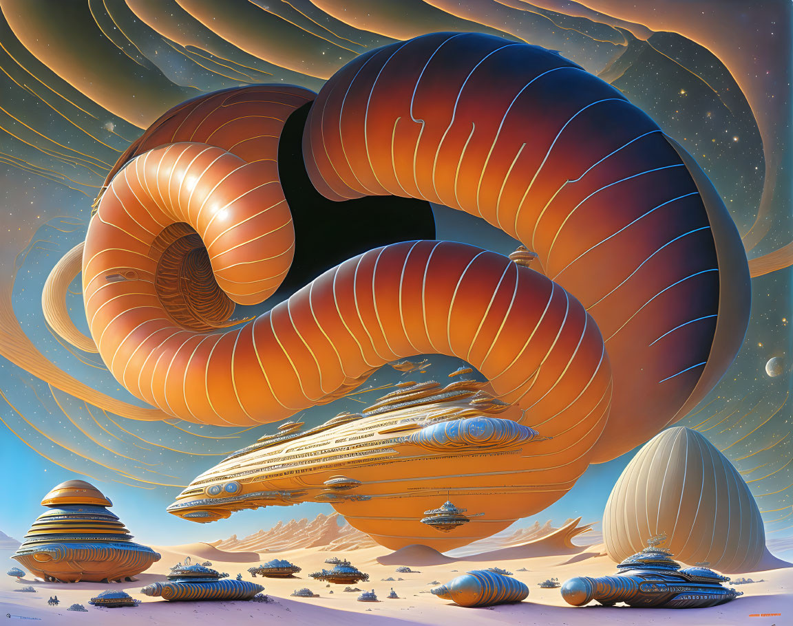 Surreal desert landscape with giant twisted worm-like structure