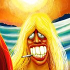Vibrant blonde woman with surfboard in sunset scene