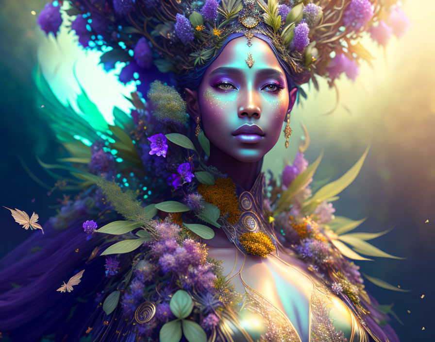 Colorful mystical female figure with floral headpiece and butterflies