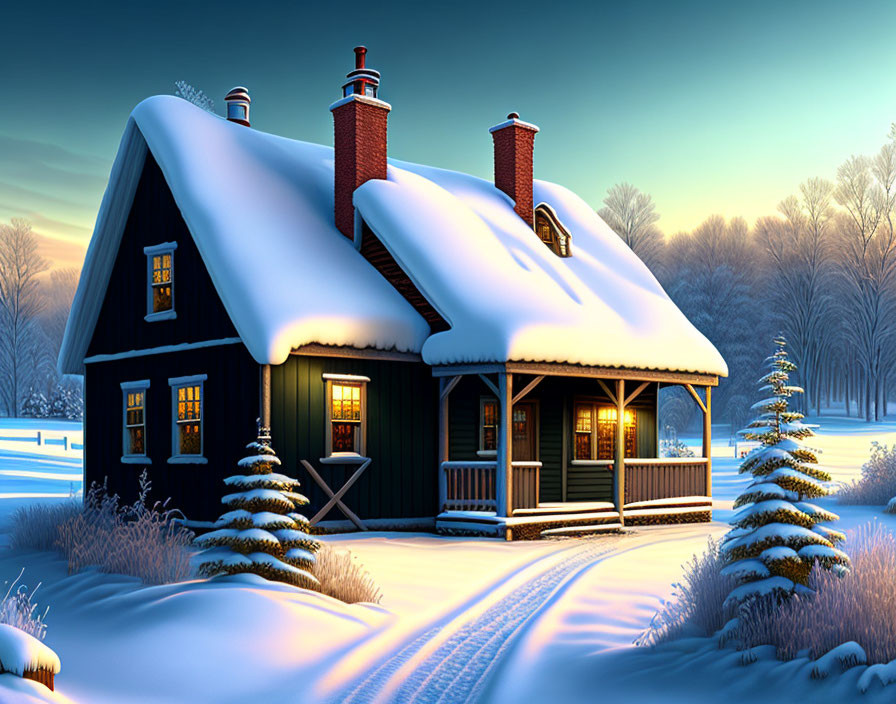 Winter Scene: Cozy Cottage in Snowy Forest at Twilight