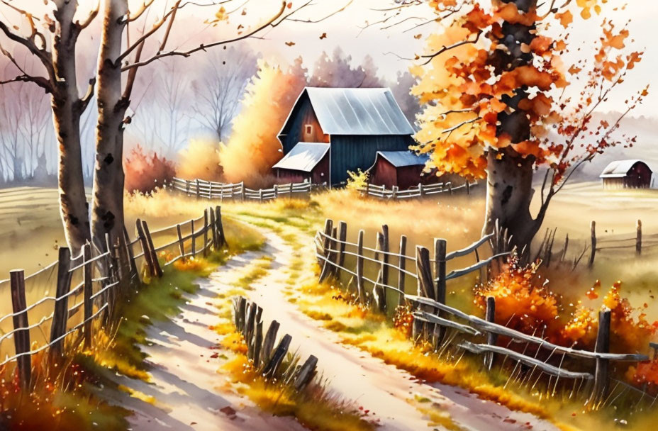 Autumn barn surrounded by fall trees and wooden fence