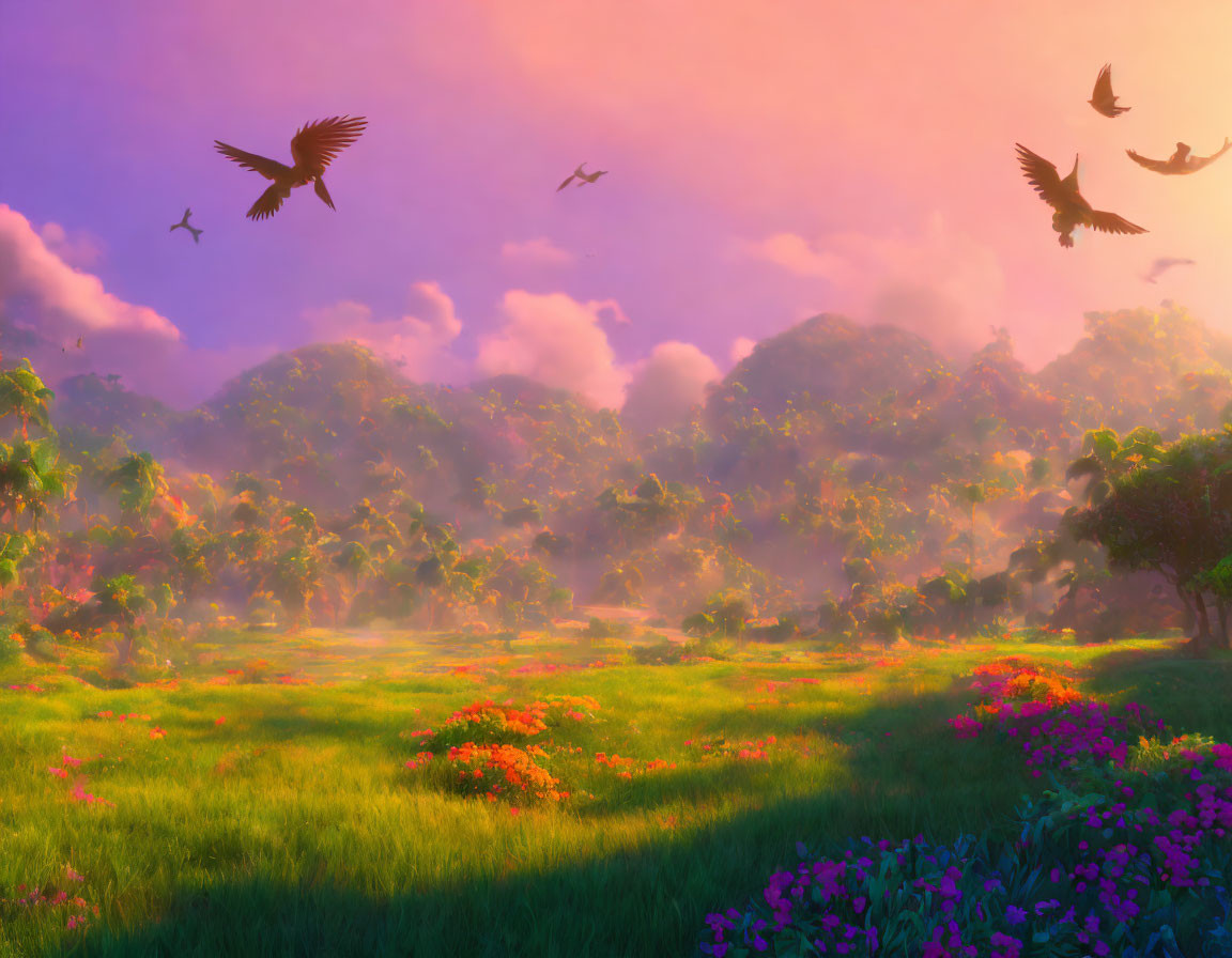 Tranquil sunrise landscape with vibrant flowers and misty mountains