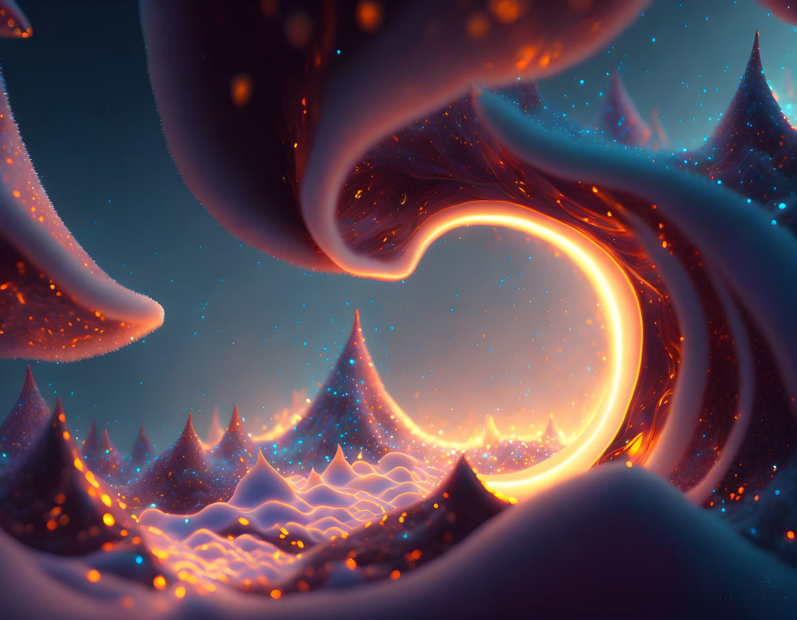 Surreal glowing landscape with swirling blue shapes and starry sky