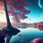 Surreal lake scene with pink clouds, crescent moon, trees, and birds