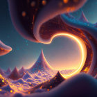 Surreal glowing landscape with swirling blue shapes and starry sky